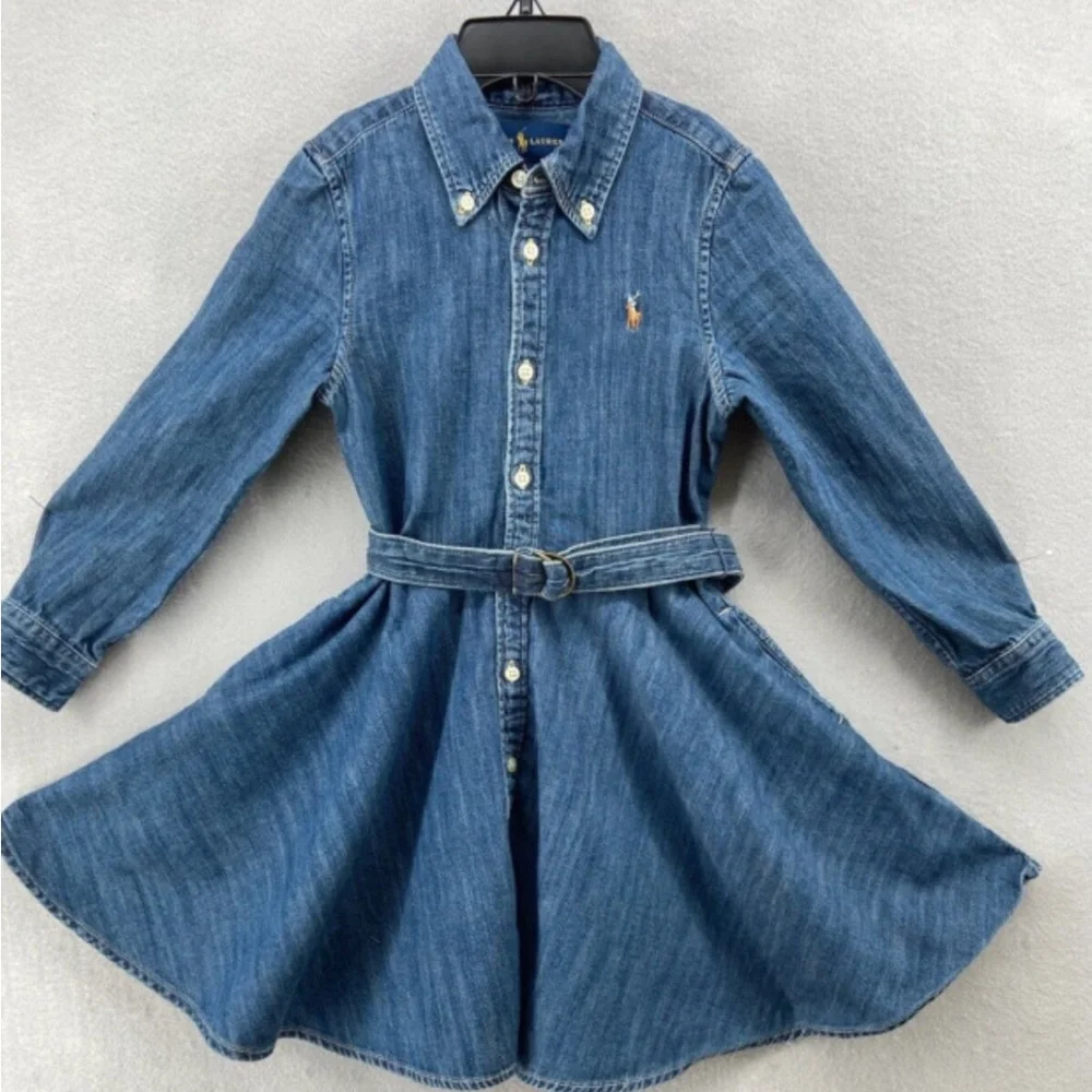 Ralph Lauren Girls' Denim Shirt Dress in Dark Blue with Contrast Cuffs